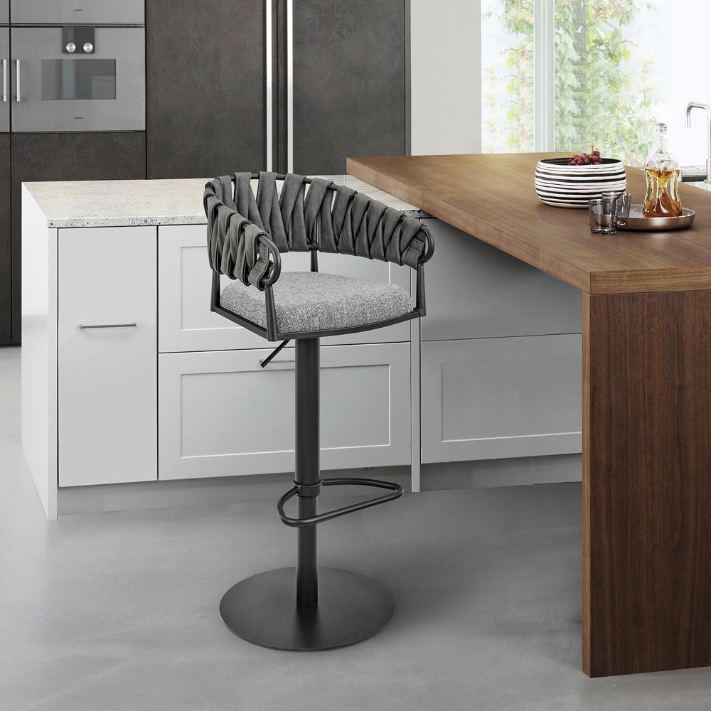 Armen Living - Silabe Adjustable Counter or Bar Stool in Black Metal with Gray Fabric and Faux Leather - 840254335325 veiw 8