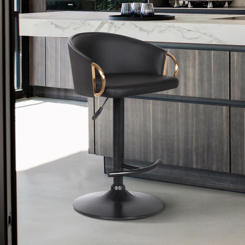 Armen Living - Solstice Adjustable Black Faux Leather Swivel Barrstool With Black Powder Coated Finish and Gold Accents - LCSCBABLBL veiw 6