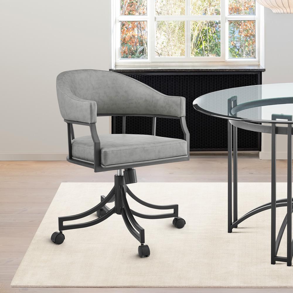 Armen Living - Tibet Swivel Tilt Rolling Dining Chair with Matte Black Iron and Vintage Gray Faux Leather - LCTISIGRYBLK veiw 8