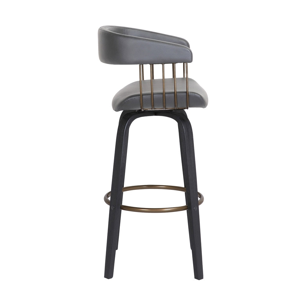 Armen Living  - Topanga 26in Swivel Black Wood Counter Stool in Grey Faux Leather with Golden Bronze Metal - LCTOBABLKGRY26 veiw 3