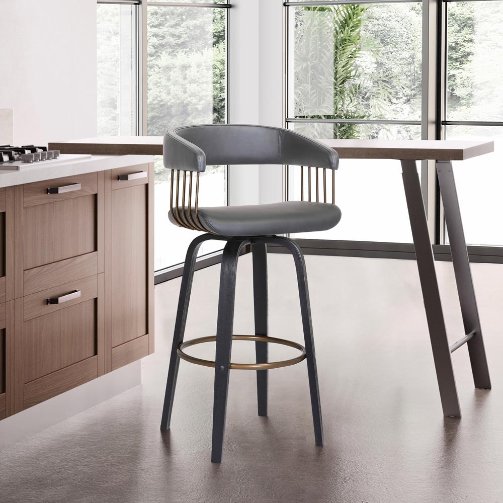 Armen Living  - Topanga 26in Swivel Black Wood Counter Stool in Grey Faux Leather with Golden Bronze Metal - LCTOBABLKGRY26 veiw 9