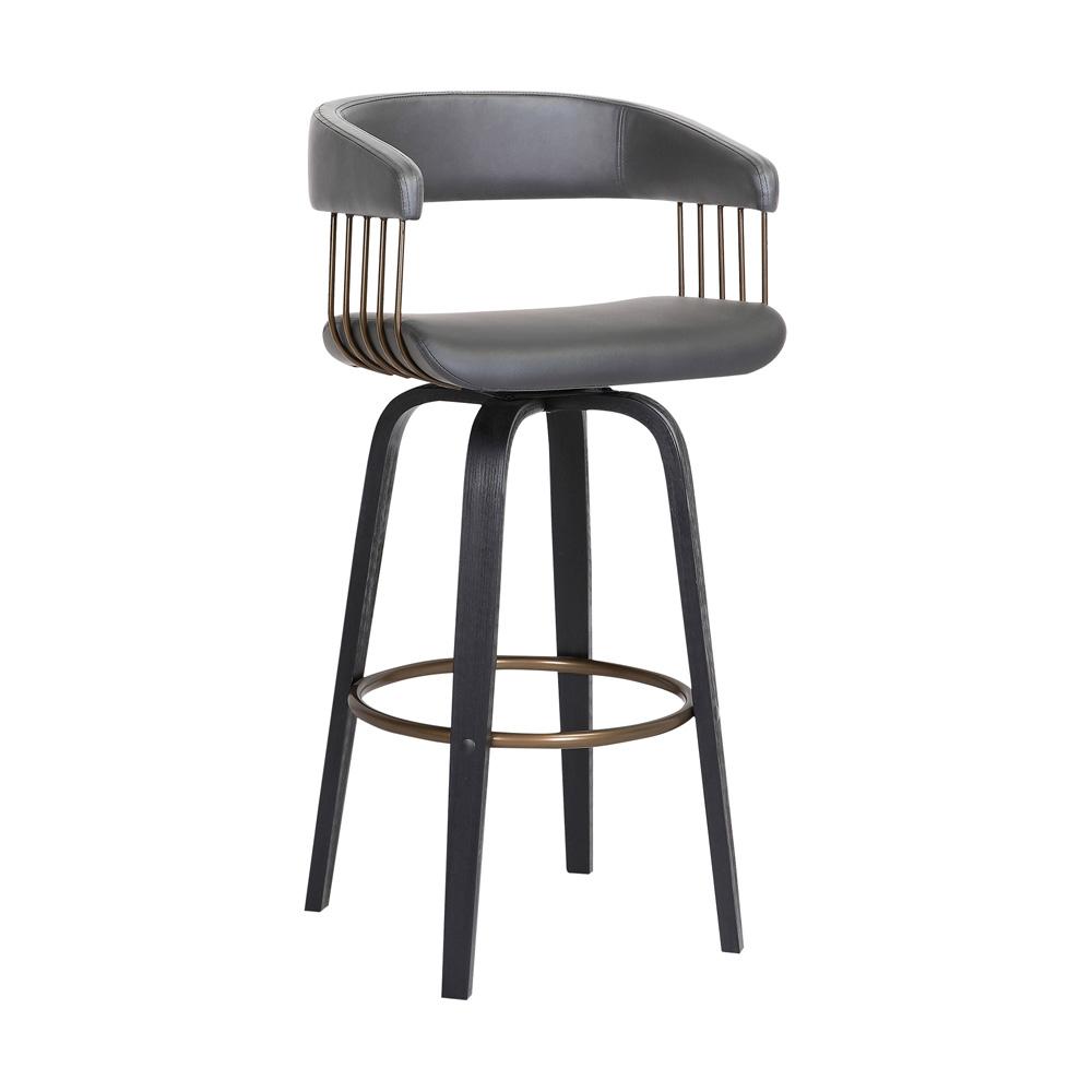 Armen Living  - Topanga 30.5in Swivel Black Wood Bar Stool in Grey Faux Leather with Golden Bronze Metal - LCTOBABLKGRY30 veiw 1