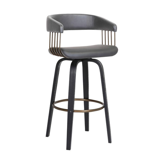 Armen Living  - Topanga 30.5in Swivel Black Wood Bar Stool in Grey Faux Leather with Golden Bronze Metal - LCTOBABLKGRY30 veiw 1