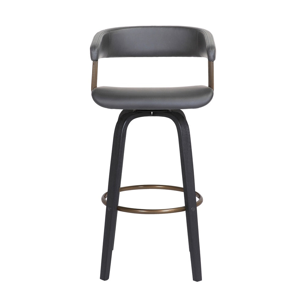 Armen Living  - Topanga 30.5in Swivel Black Wood Bar Stool in Grey Faux Leather with Golden Bronze Metal - LCTOBABLKGRY30 veiw 2