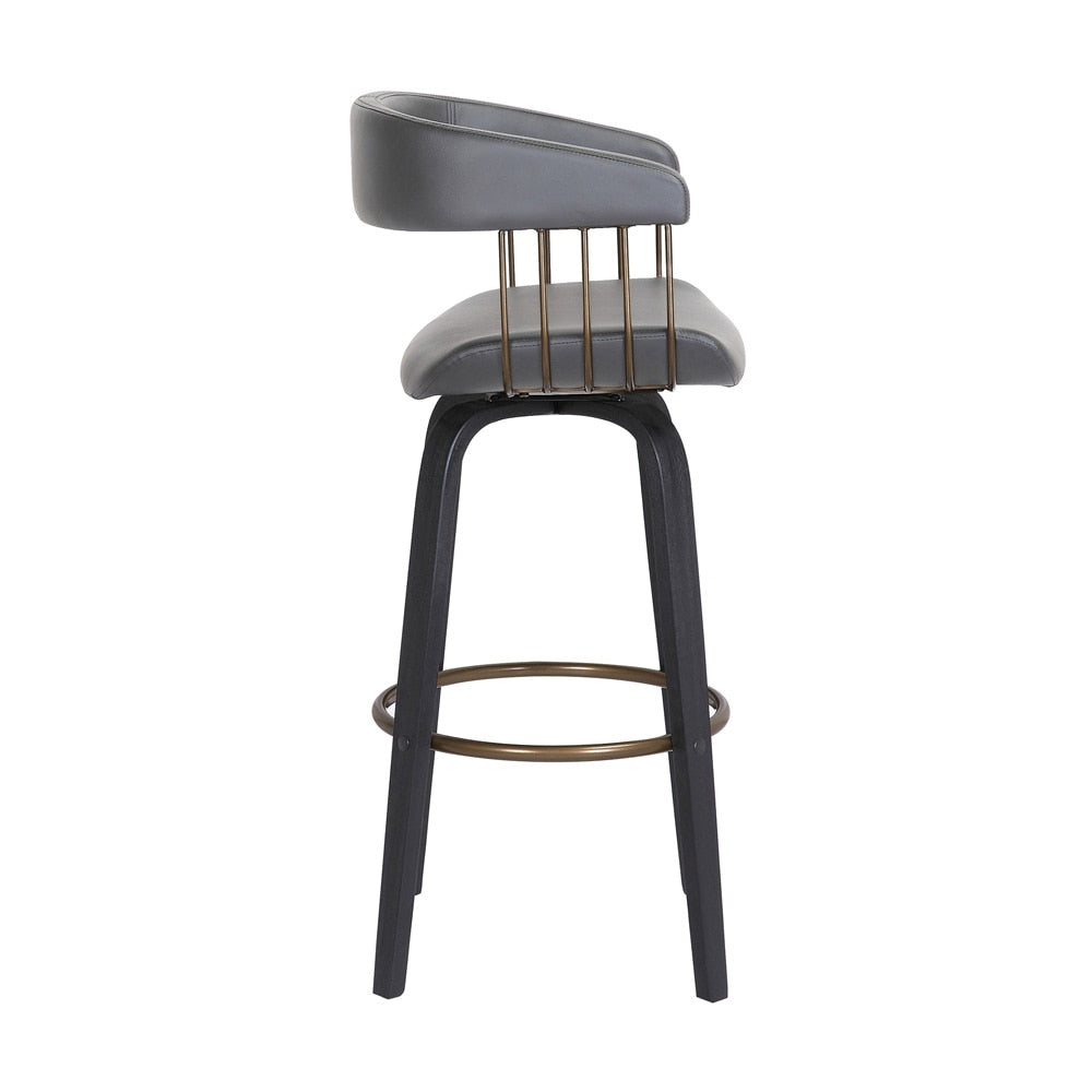 Armen Living  - Topanga 30.5in Swivel Black Wood Bar Stool in Grey Faux Leather with Golden Bronze Metal - LCTOBABLKGRY30 veiw 3
