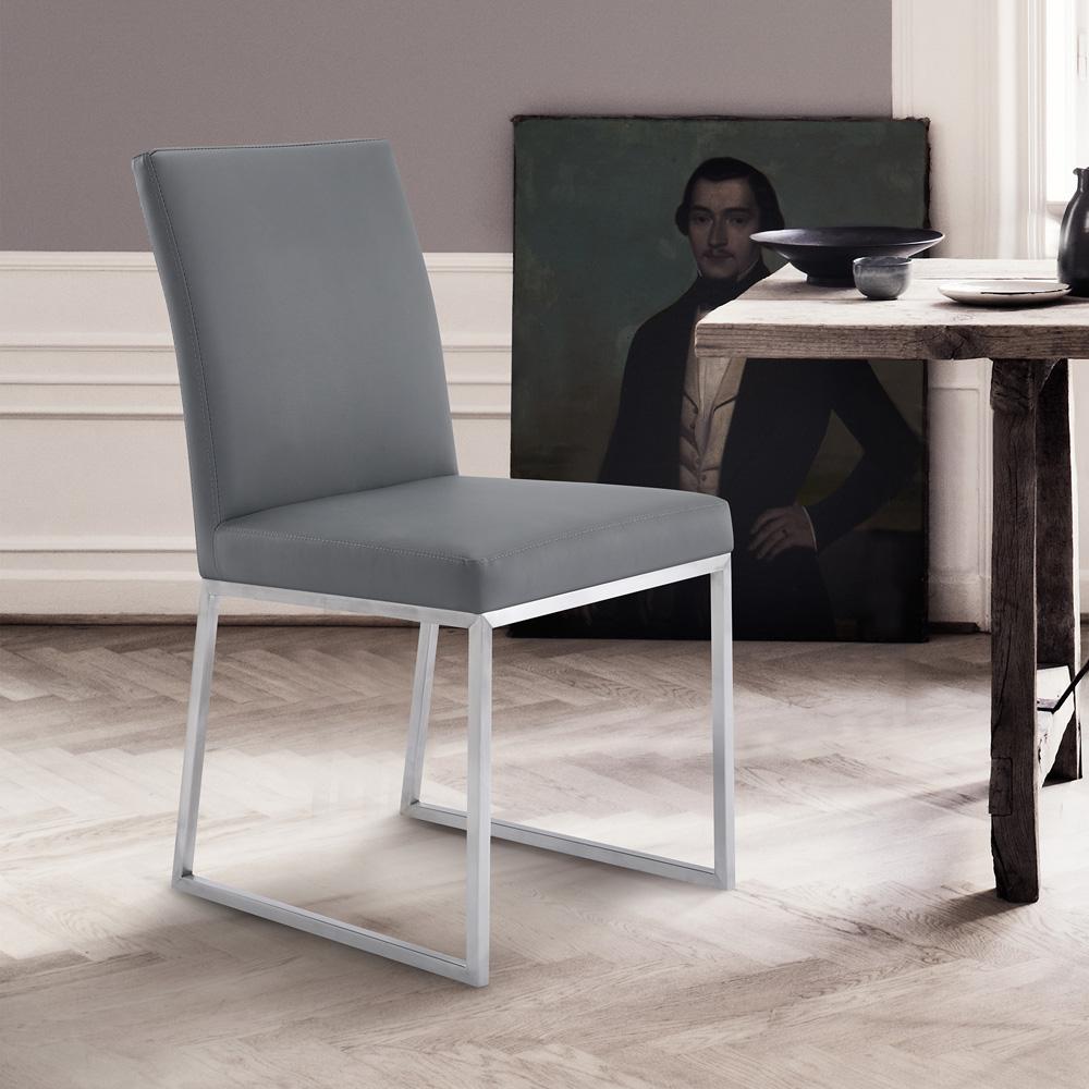 Armen Living - Trevor Contemporary Dining Chair in Brushed Stainless Steel and Gray Faux Leather (Set of 2) - LCTRCHBSGR veiw 9