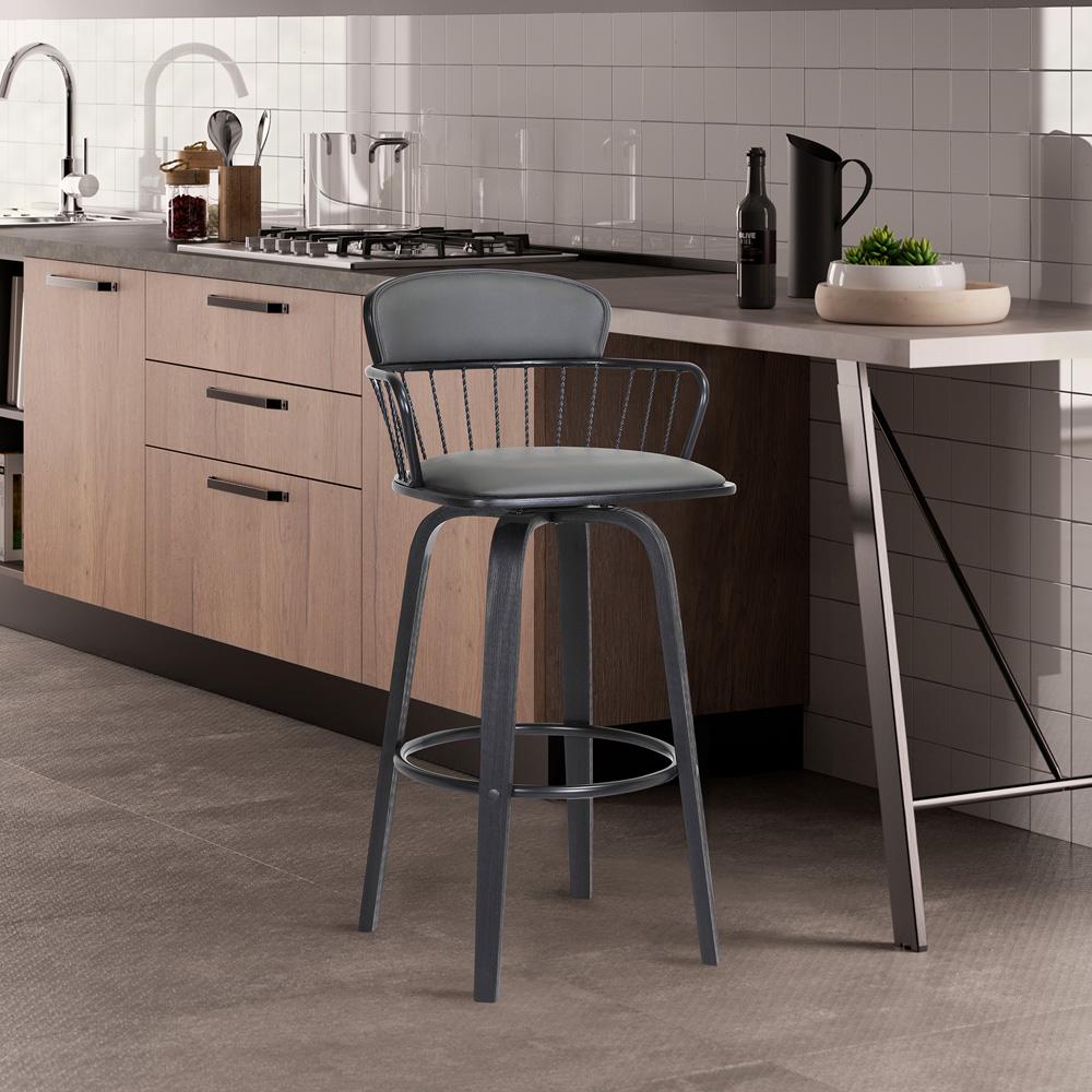 Armen Living  - Willow 25.5in Swivel Black Wood Counter Stool in Grey Faux Leather with Black Metal - LCWIBABLKGRY26 veiw 9