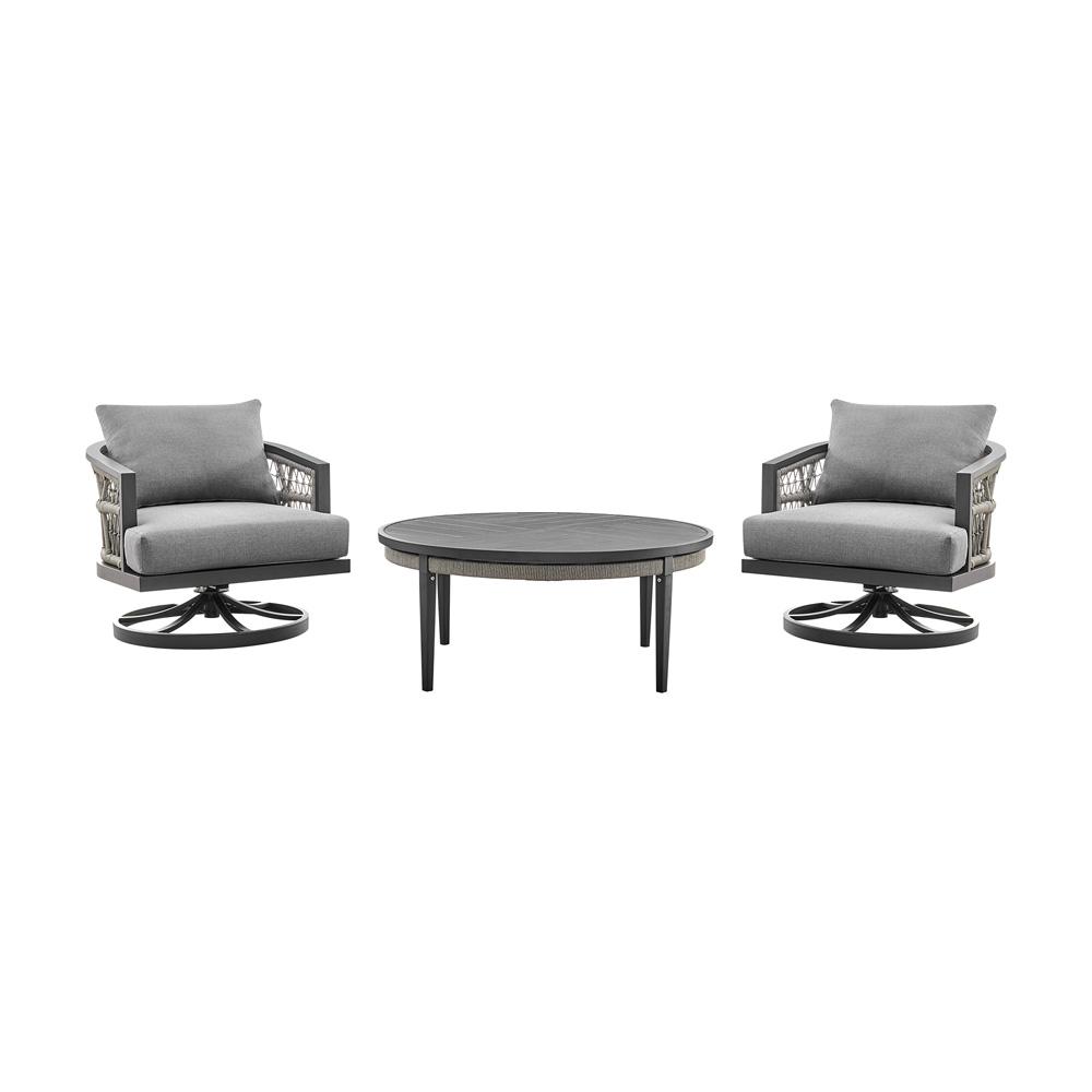 Armen Living - Zella Outdoor Patio 3 Piece Swivel Seating Set in Aluminum with Light Gray Rope and Cushions - SETODZE3GRY veiw 1