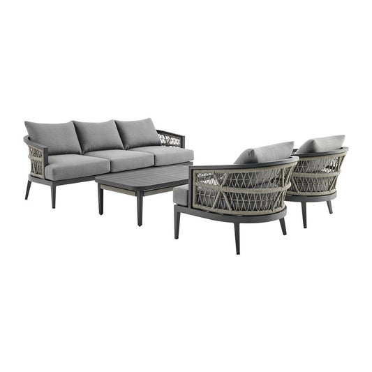 Armen Living - Zella Outdoor Patio 4 Piece Conversation Set in Aluminum with Light Gray Rope and Cushions - SETODZE4GRY veiw 1