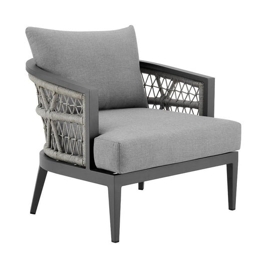 Armen Living - Zella Outdoor Patio Armchair in Aluminum with Light Gray Rope and Earl Gray Cushions - LCZECHGRY veiw 1