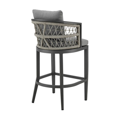 Armen Living - Zella Outdoor Patio Counter Stool in Aluminum with Light Gray Rope and Earl Gray Cushions - LCZEBAGRY26 veiw 3