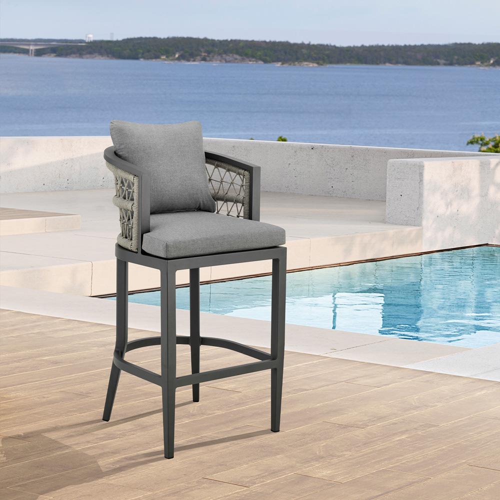 Armen Living - Zella Outdoor Patio Counter Stool in Aluminum with Light Gray Rope and Earl Gray Cushions - LCZEBAGRY26 veiw 8