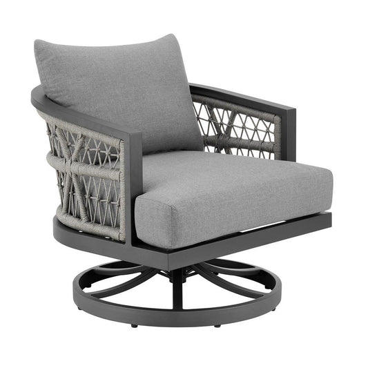 Armen Living - Zella Outdoor Patio Swivel Armchair in Aluminum with Light Gray Rope and Earl Gray Cushions - LCZESWCHGRY veiw 1