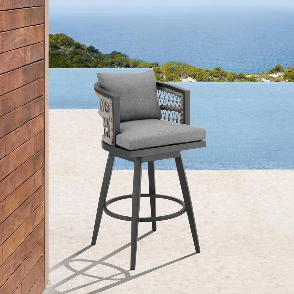 Armen Living - Zella Outdoor Patio Swivel Counter Stool in Aluminum with Light Gray Rope and Earl Gray Cushions - LCZESWBAGRY26 veiw 8