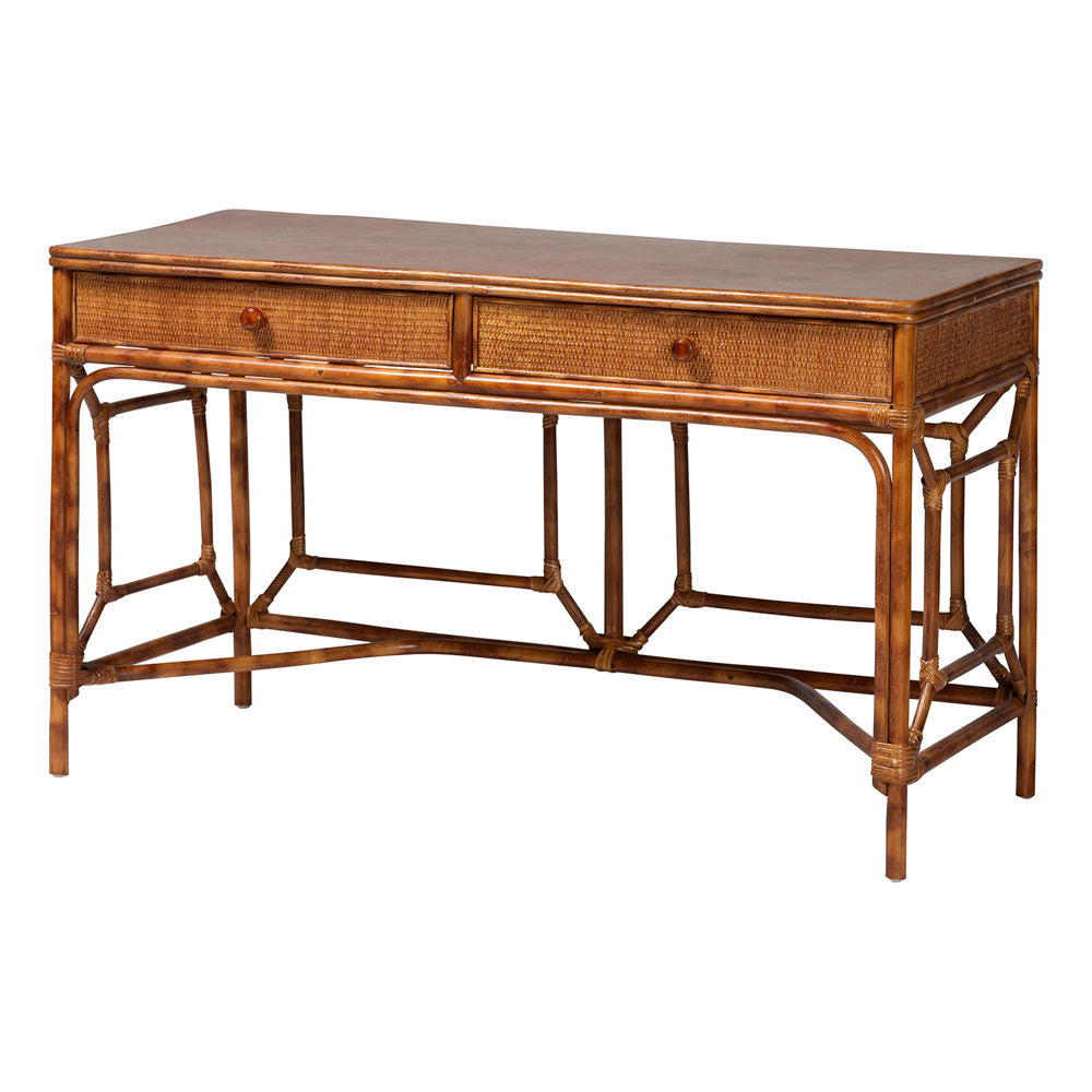 bali & pari - Basile Desk in Marbled Tortoise Brown - WS223-Rattan/Tortoise-Desk view 1