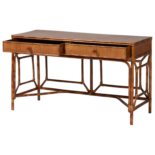 bali & pari - Basile Desk in Marbled Tortoise Brown - WS223-Rattan/Tortoise-Desk view 2