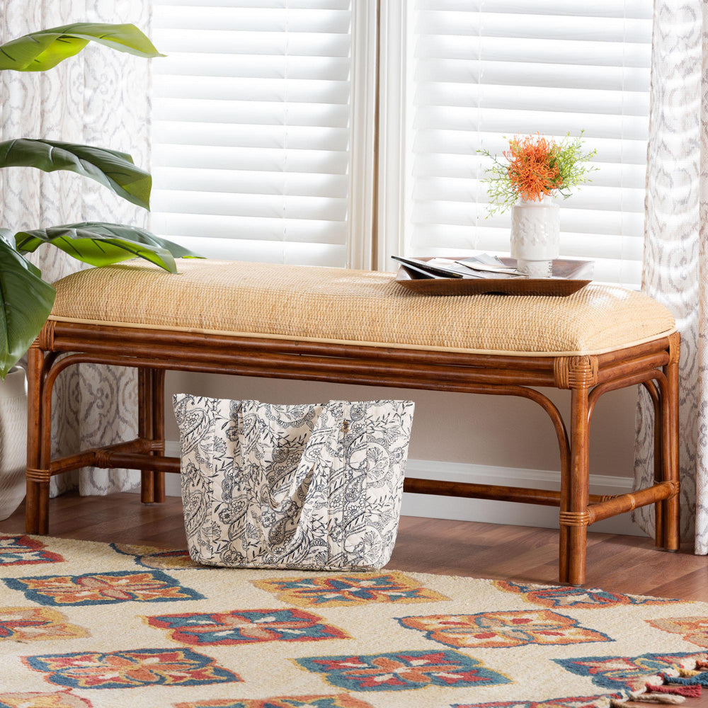 bali & pari - Belen Bench in Marbled Tortoise Brown/Natural Brown - WS191-Tortoise/Natural Rattan-Cushion-Bench view 6