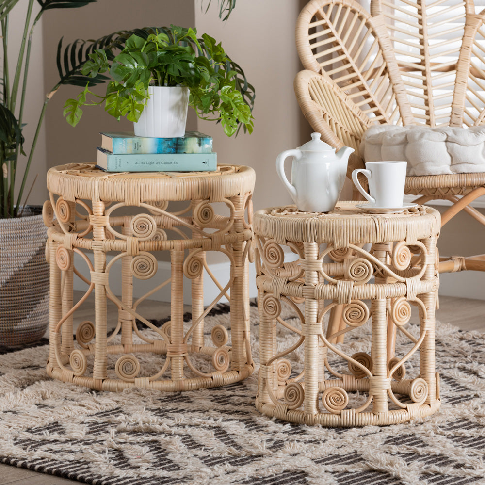 bali & pari - Bowie Set of 2 End Tables in Natural Brown - RT010-Rattan-Nesting Table view 6