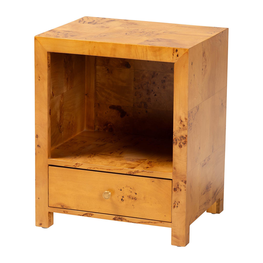 bali & pari - Camira Nightstand in Light Mappa Burl - SVN-1150-Natural Burl Op1-Nella-NS view 1
