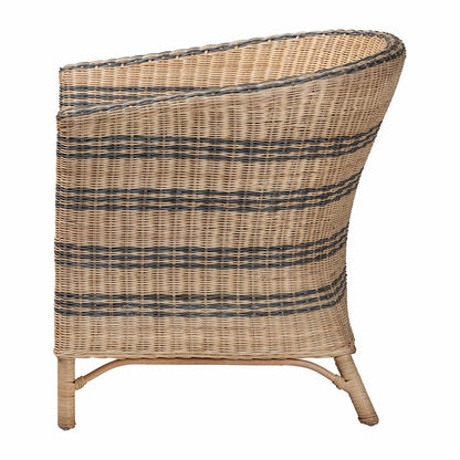 bali & pari  - Elda Arm Chair in Natural Brown/Blue - Elda-Natural/Blue Stripes-Rattan-Cushion-DC view 3