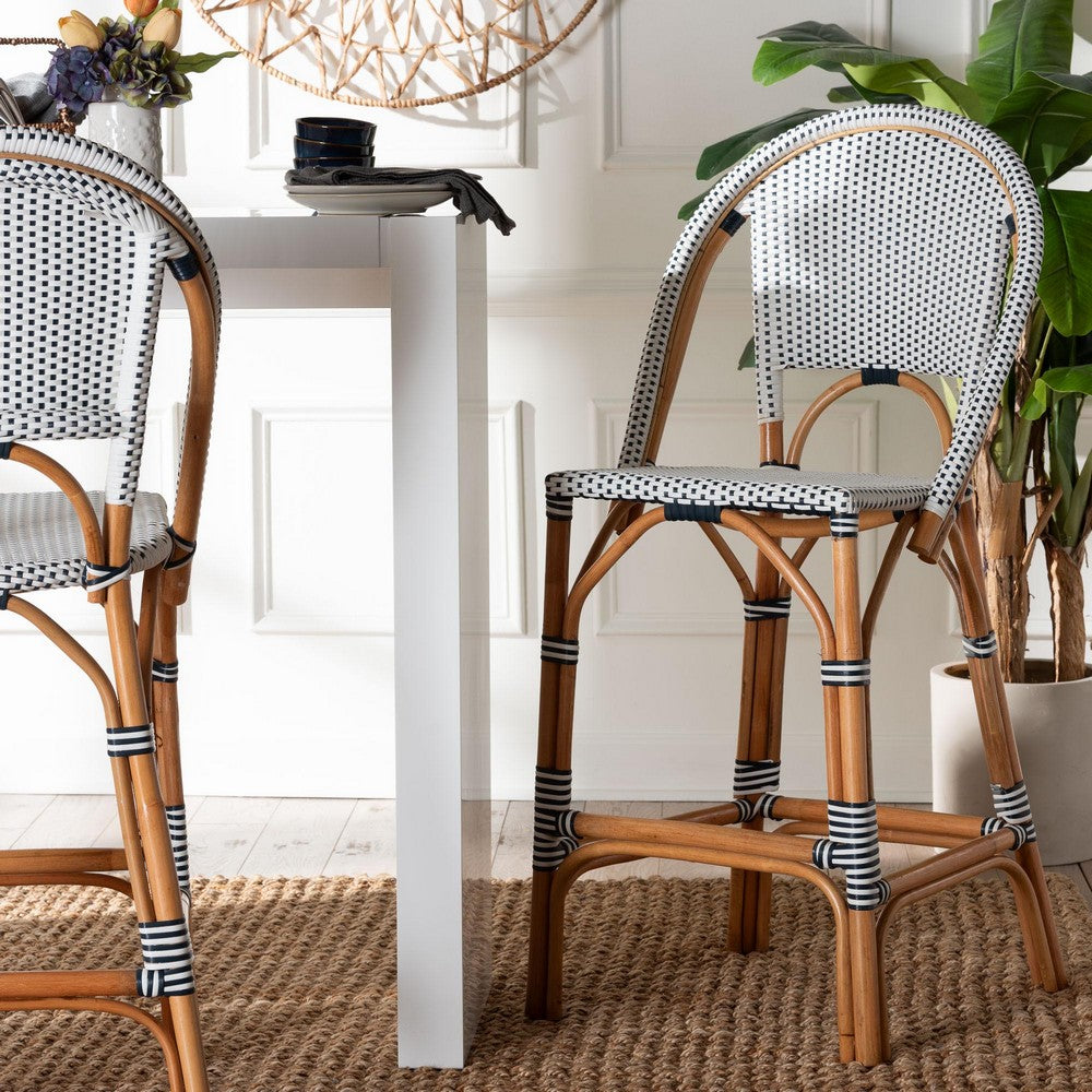 bali & pari - Genica Bar Stool in Navy Blue/White/Natural Rattan - DC613-Rattan-Navy/White-BS No Arm view 8