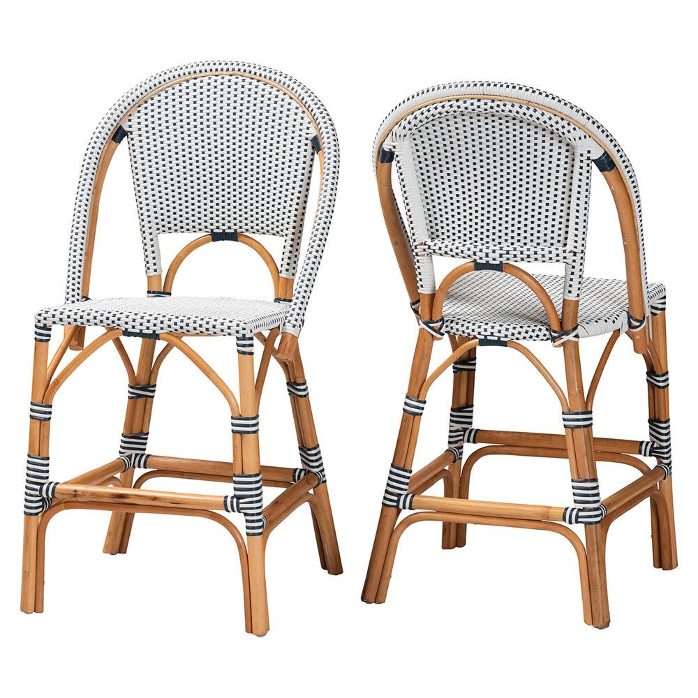 bali & pari - Genica Set of 2 Counter Stools in Navy Blue/White/Natural Rattan - DC613-Rattan-Navy/White-CS No Arm view 1