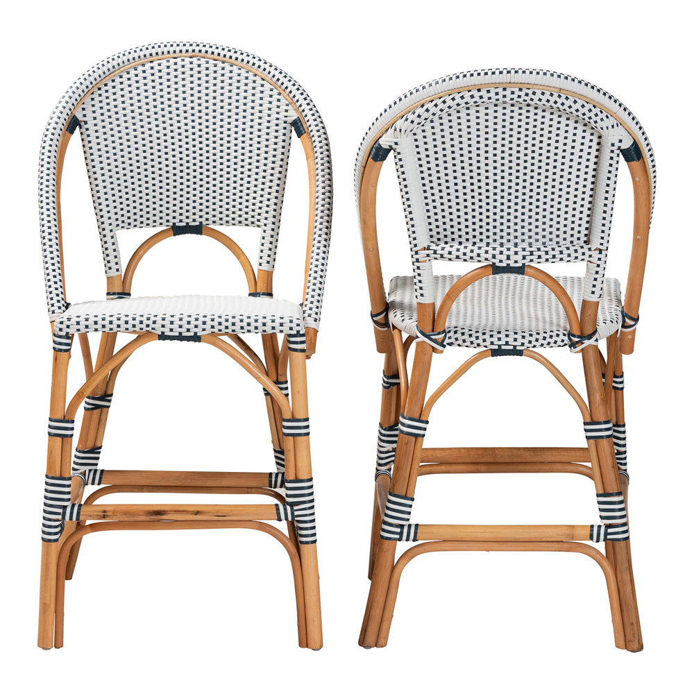 bali & pari - Genica Set of 2 Counter Stools in Navy Blue/White/Natural Rattan - DC613-Rattan-Navy/White-CS No Arm view 2