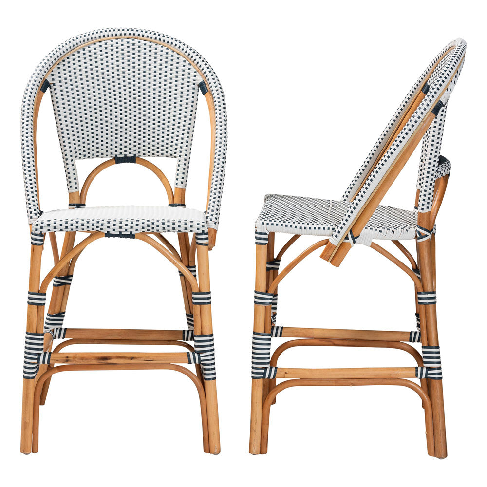 bali & pari - Genica Set of 2 Counter Stools in Navy Blue/White/Natural Rattan - DC613-Rattan-Navy/White-CS No Arm view 3