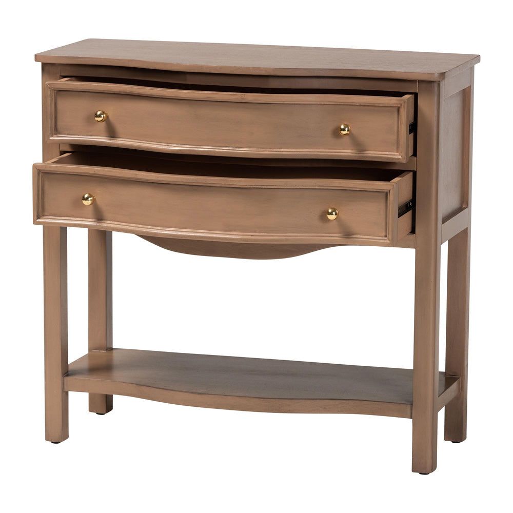 bali & pari - Kelila Console Table in Champagne Brown  - Kelila-Antq Brown-Wooden-2DRW-Console Table view 2