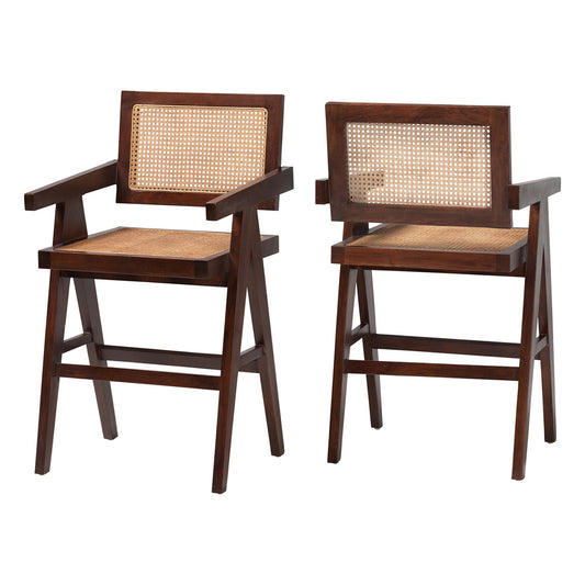 bali & pari - Kresna Set of 2 Counter Stools in Dark Walnut Brown/Natural Brown - BC-01-Kresna-Brown Wood/Rattan-CS view 1