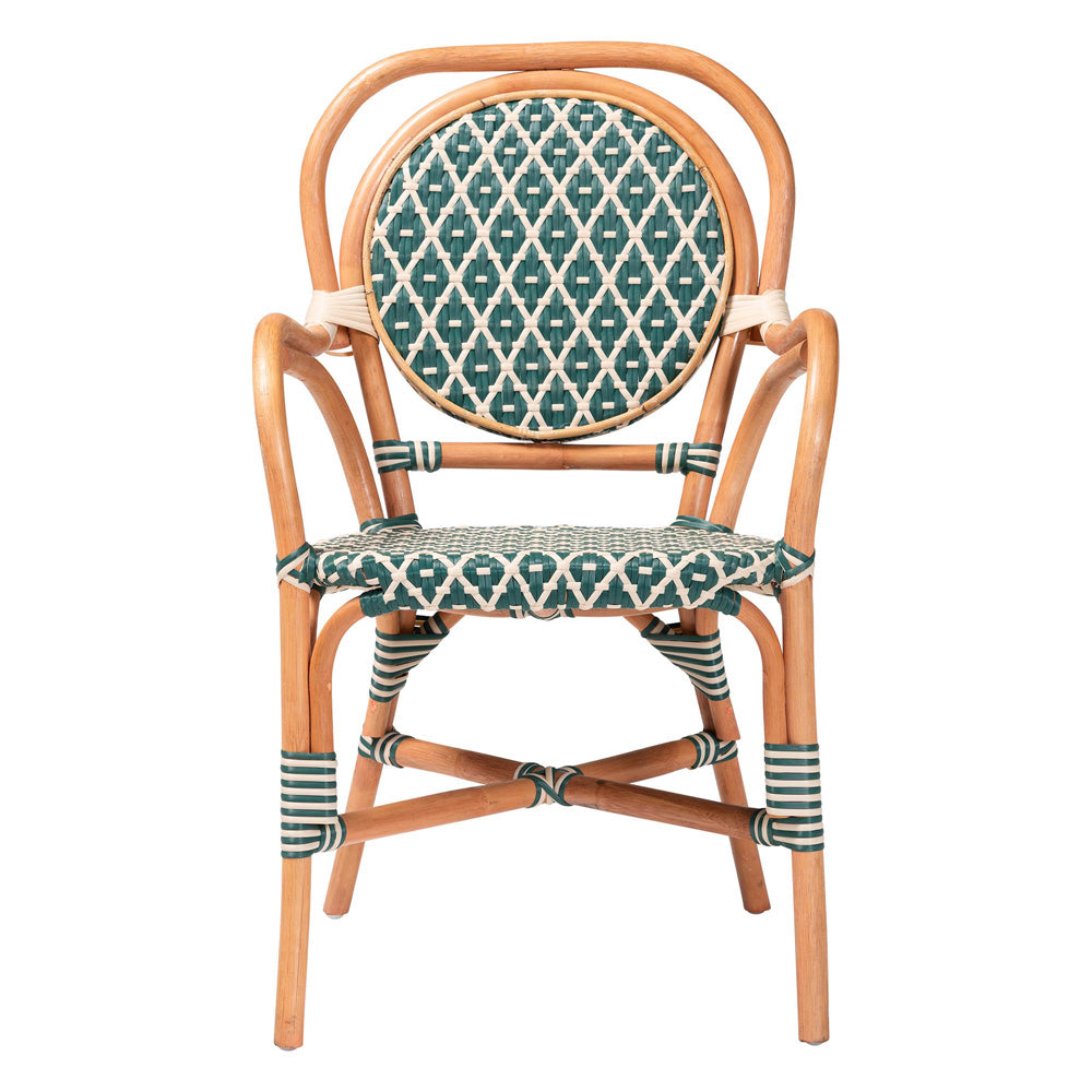 bali & pari - Mattie Dining Chair in Natural Brown/Green/White - Mattie-Rattan-Green/White-Arm-DC view 2