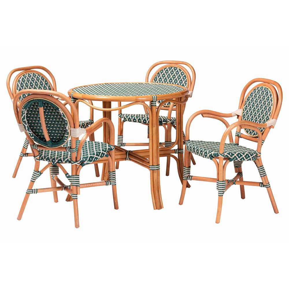 bali & pari - Mattie Dining Set in Natural Brown/Green/White - Mattie-Rattan-Green/White-5PC Dining Set view 1