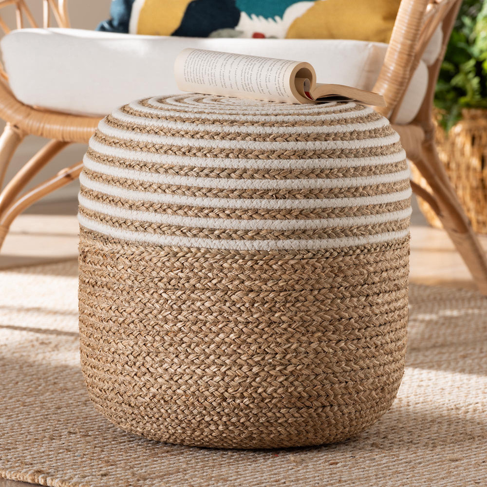 bali & pari - Nequiel Footstool in White/Natural Brown - F234-FT5-Seagrass/Cotton-Stool view 5