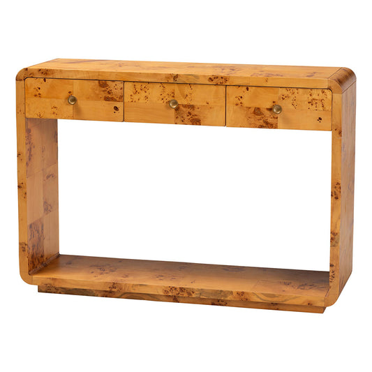 bali & pari - Netra Console Table in Light Mappa Burl - KL-1572-Natural Burl Op1-Ebony-3DW-Console Table-BOXED view 1