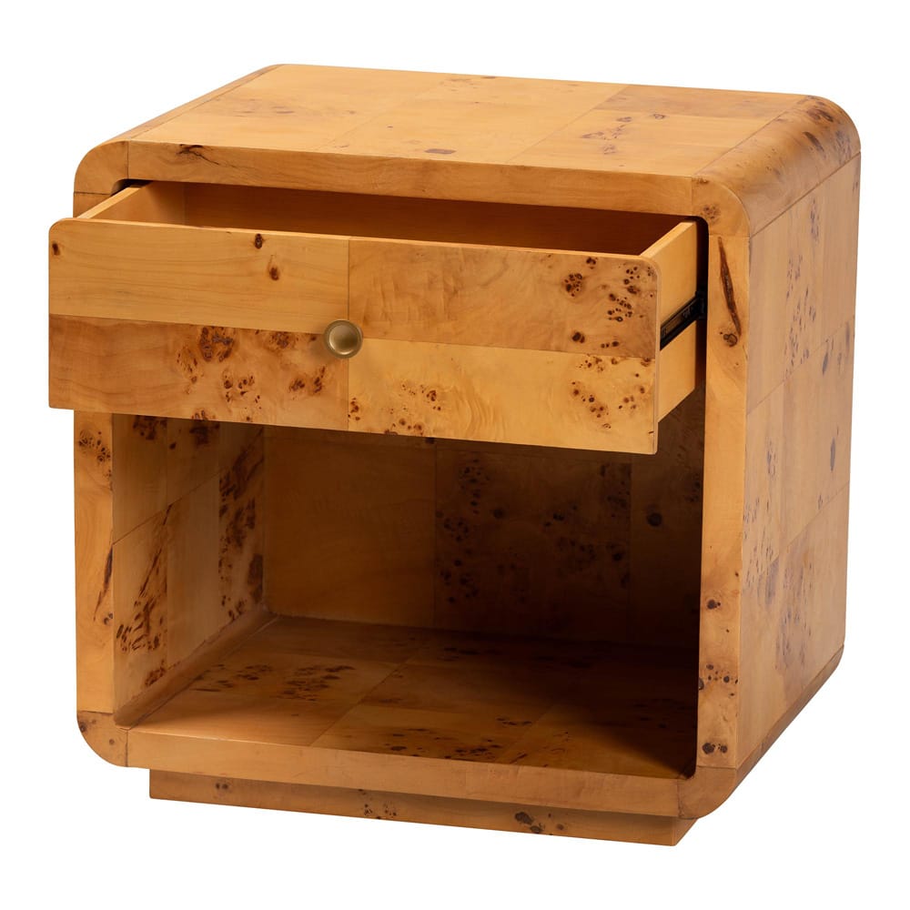 bali & pari - Netra Nightstand in Light Mappa Burl - KL-1570-Natural Burl Op1-Ebony-NS-BOXED view 2
