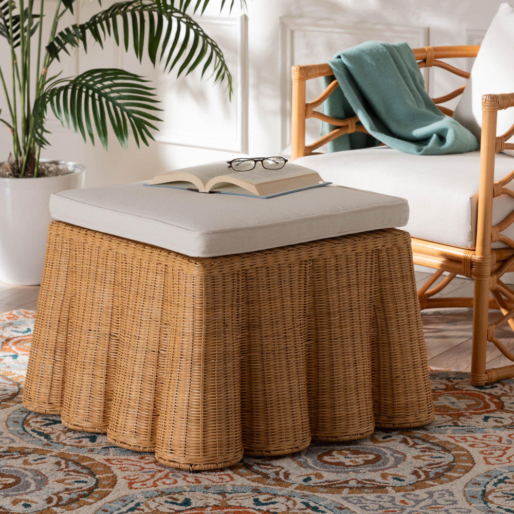 bali & pari - Palm Ottoman Footstool in Honey - Palm-Light Honey Rattan-Ottoman w/ Cushion view 5