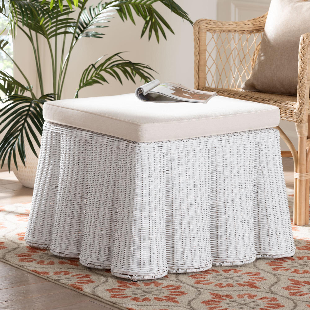 bali & pari - Palm Ottoman in White - Palm-White Rattan-Ottoman w/ Cushion view 5
