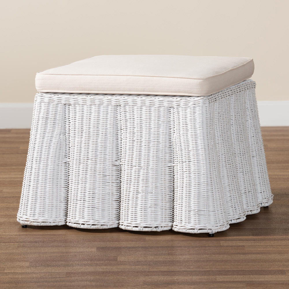 bali & pari - Palm Ottoman in White - Palm-White Rattan-Ottoman w/ Cushion view 6