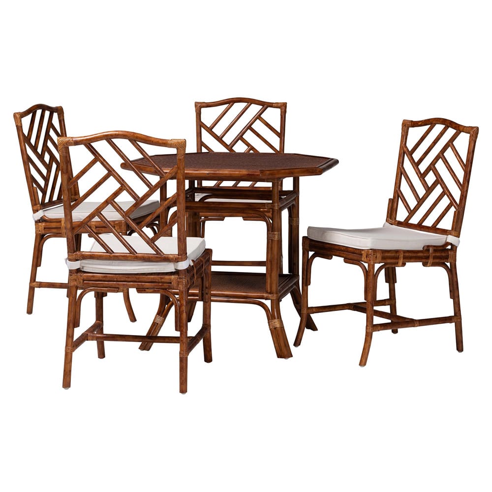 bali & pari - Simon Dining Set in Marbled Tortoise Brown - Simon-Tortoise-Rattan-5PC Dining Set view 1
