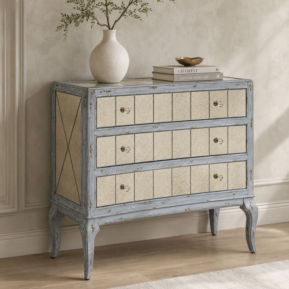 Bassett Mirror - Fontaine 38" Blue Antique Mirror Three-Drawer Storage Chest - 5574-LR-766 view 6