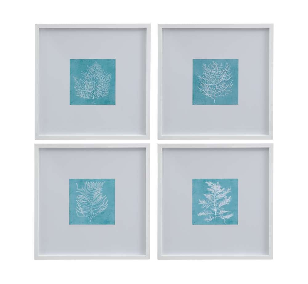 Bassett Mirror - White Coral on Blue Framed Print Set of 4 in Matte White Frame - 9902-245-000 view 1