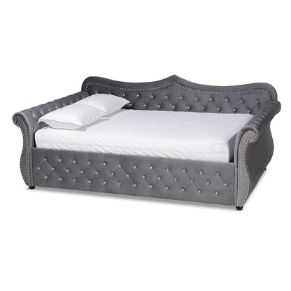 Baxton Studio - Abbie Queen Size Daybed in Grey - Abbie-Grey Velvet-Daybed-Queen view 1