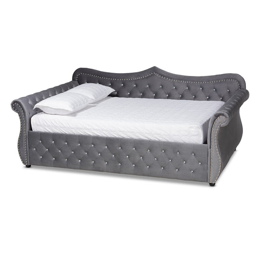 Baxton Studio - Abbie Queen Size Daybed in Grey - Abbie-Grey Velvet-Daybed-Queen view 1