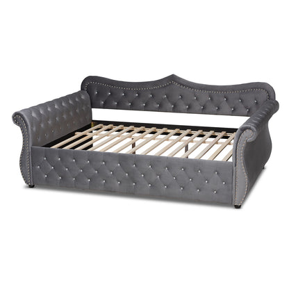Baxton Studio - Abbie Queen Size Daybed in Grey - Abbie-Grey Velvet-Daybed-Queen view 3
