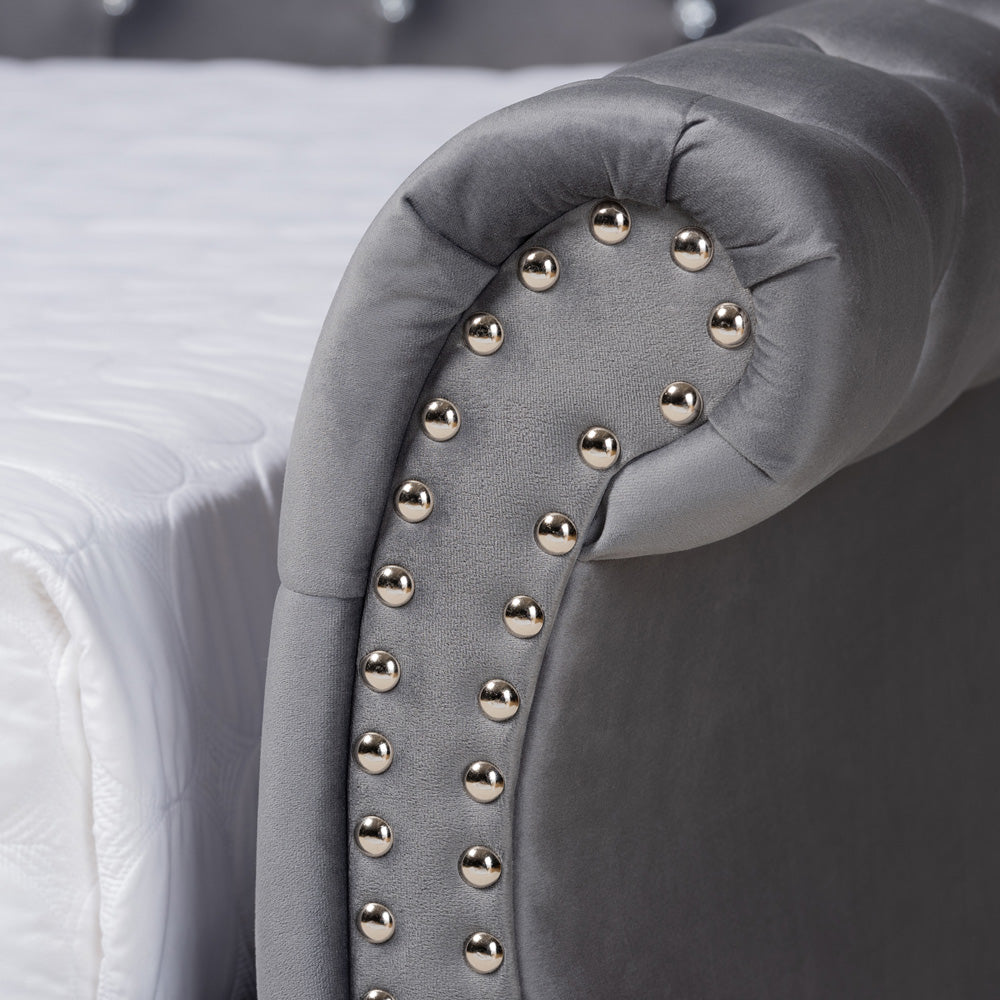 Baxton Studio - Abbie Queen Size Daybed in Grey - Abbie-Grey Velvet-Daybed-Queen view 5