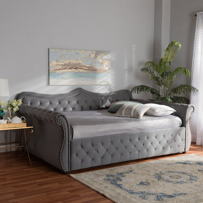 Baxton Studio - Abbie Queen Size Daybed in Grey - Abbie-Grey Velvet-Daybed-Queen view 7