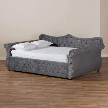 Baxton Studio - Abbie Queen Size Daybed in Grey - Abbie-Grey Velvet-Daybed-Queen view 8