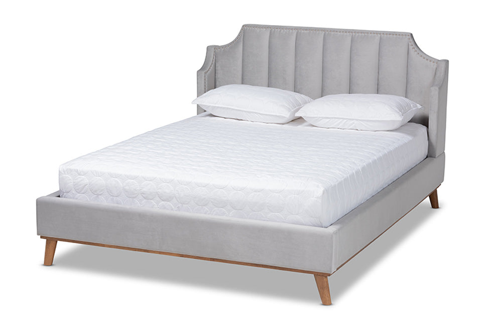 Baxton Studio - Adelie King Size Bed - BBT6928-Light Grey Velvet/Walnut-King view 1