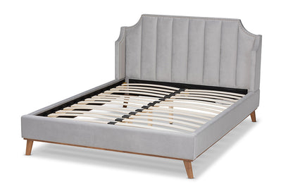 Baxton Studio - Adelie King Size Bed - BBT6928-Light Grey Velvet/Walnut-King view 3