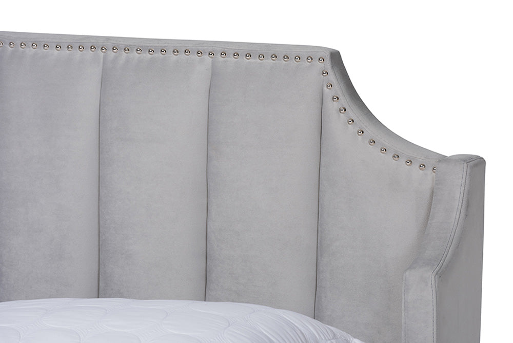 Baxton Studio - Adelie King Size Bed - BBT6928-Light Grey Velvet/Walnut-King view 4